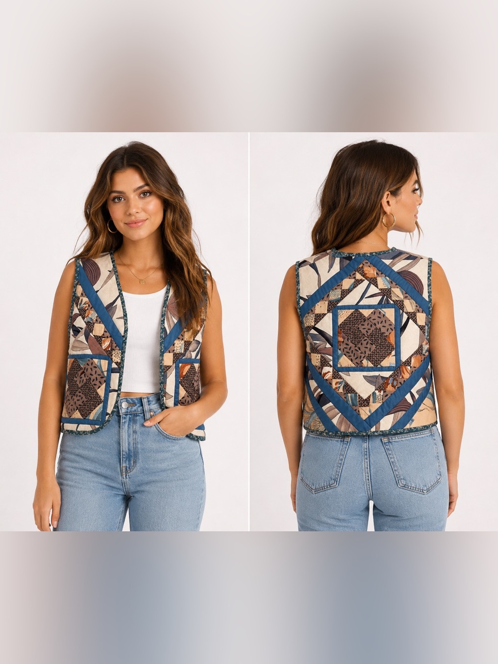 Vintage Unbranded Blue Quilted Patchwork Vest Sz. L